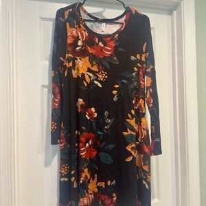 Multicolored Floral A-Line Long Sleeve Dress Crew Neck Casual